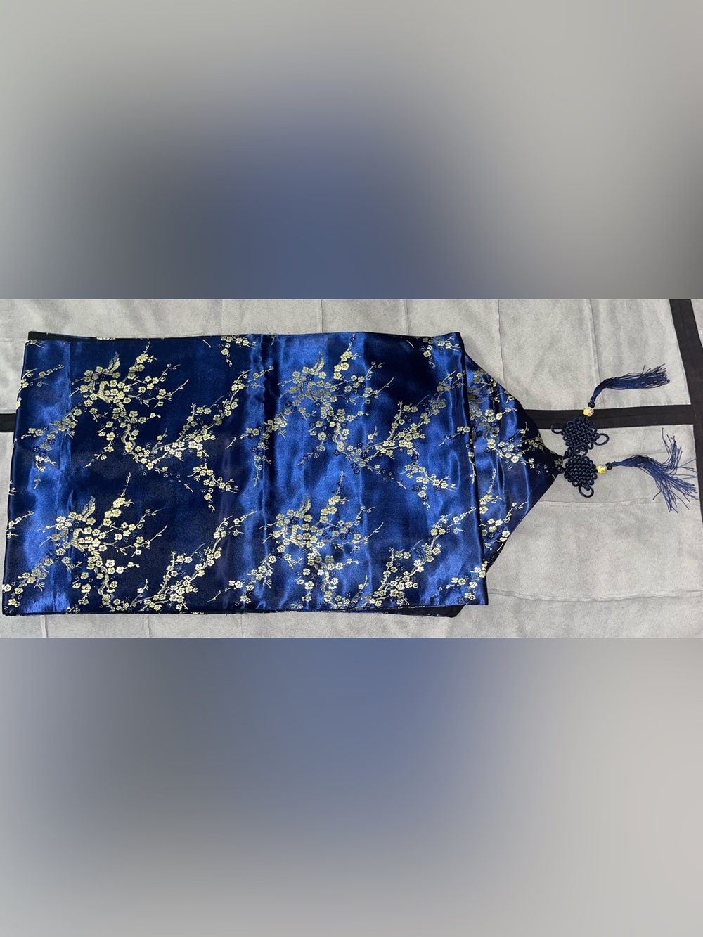 8-Foot Long Blue & Gold Asian-Print Satin Table Runner - NEW